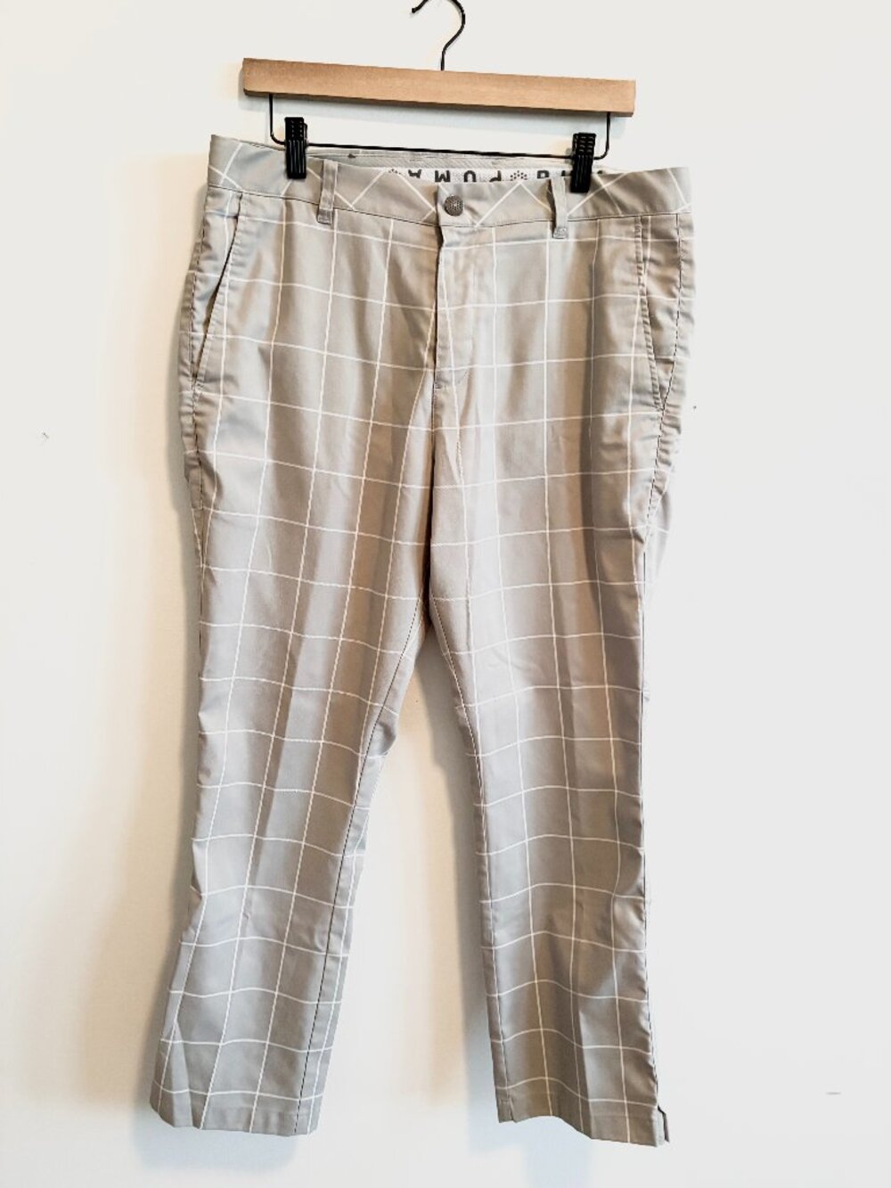 PUMA Men’s Gray Plaid Golf Pants Size 34x30 Cropped Slim Fit